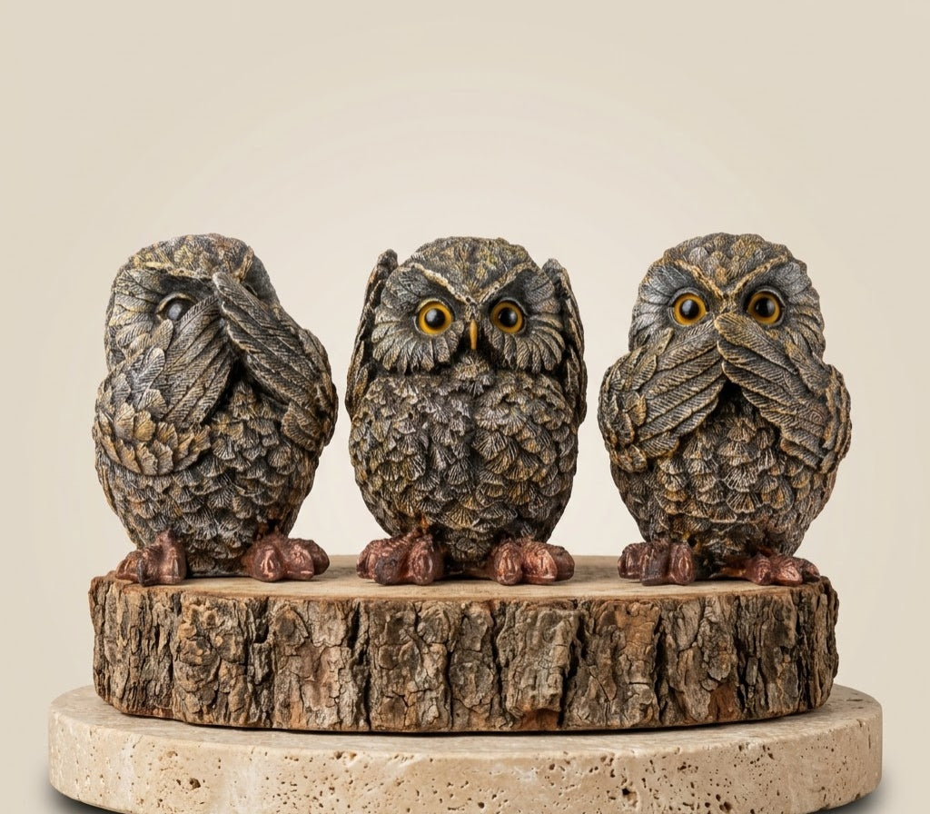 The Wise Owl Trio Figurine Ensemble - Handcrafted Solid Luxury Figurines & Sculptures | House of Mandana