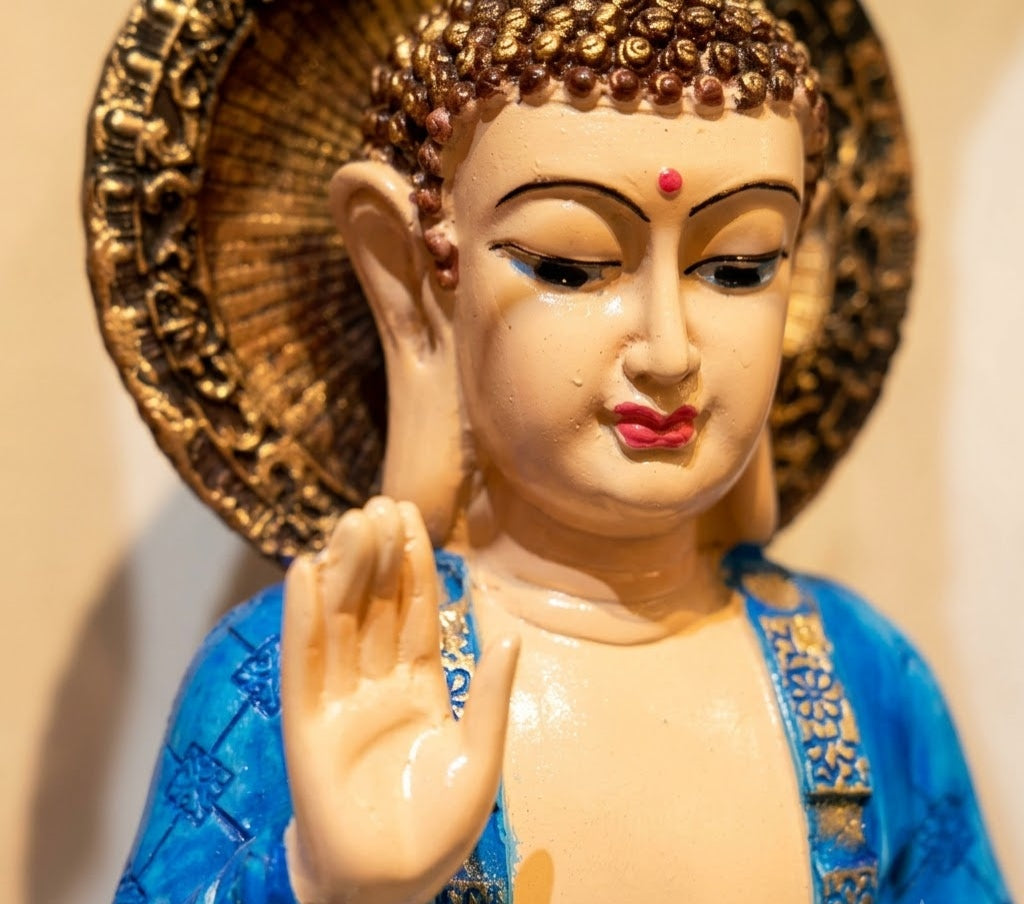 Azure Serenity Seated Buddha Statue - Master Artisan Craftsmanship & Detail Angle | House of Mandana