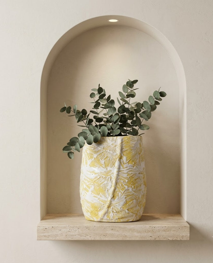 Gilded Leaf Textured Ceramic Accent Vase - Master Artisan Craftsmanship & Detail Angle | House of Mandana