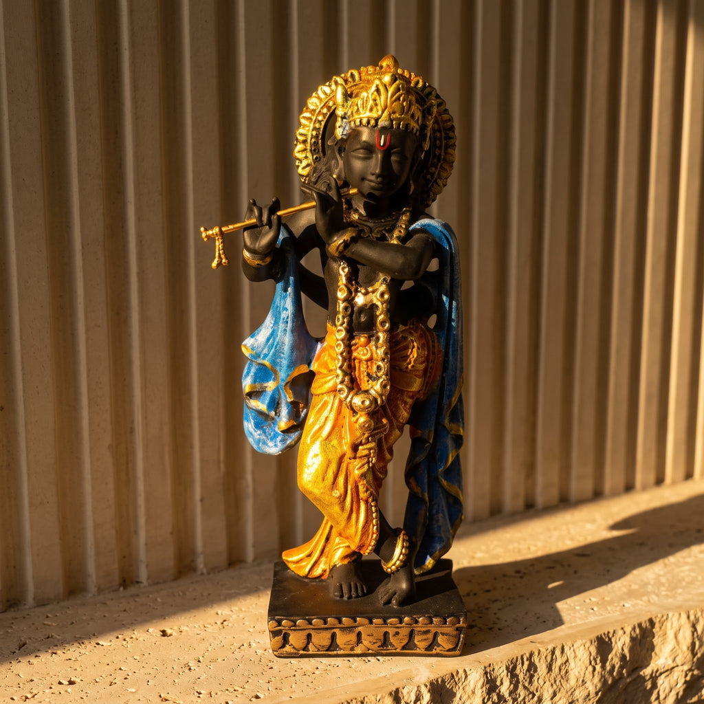 Shri Krishna Flute Divine Brass Idol - Detailed Artisan View 4 | House of Mandana