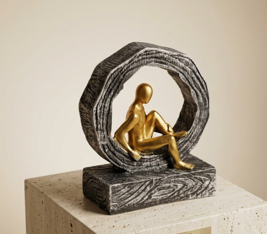 Golden Seated Contemplation Halo Ring Modern Art Piece