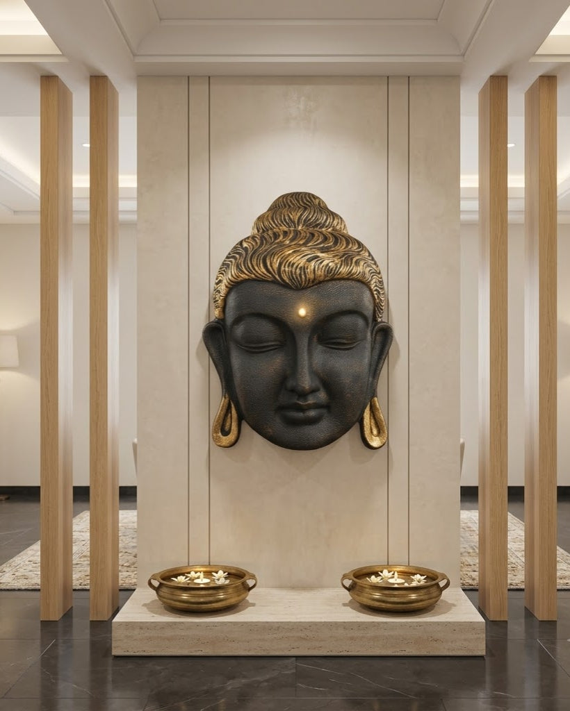 Serene Buddha Face Metal Wall Hanging - Master Artisan Craftsmanship & Detail Angle | House of Mandana
