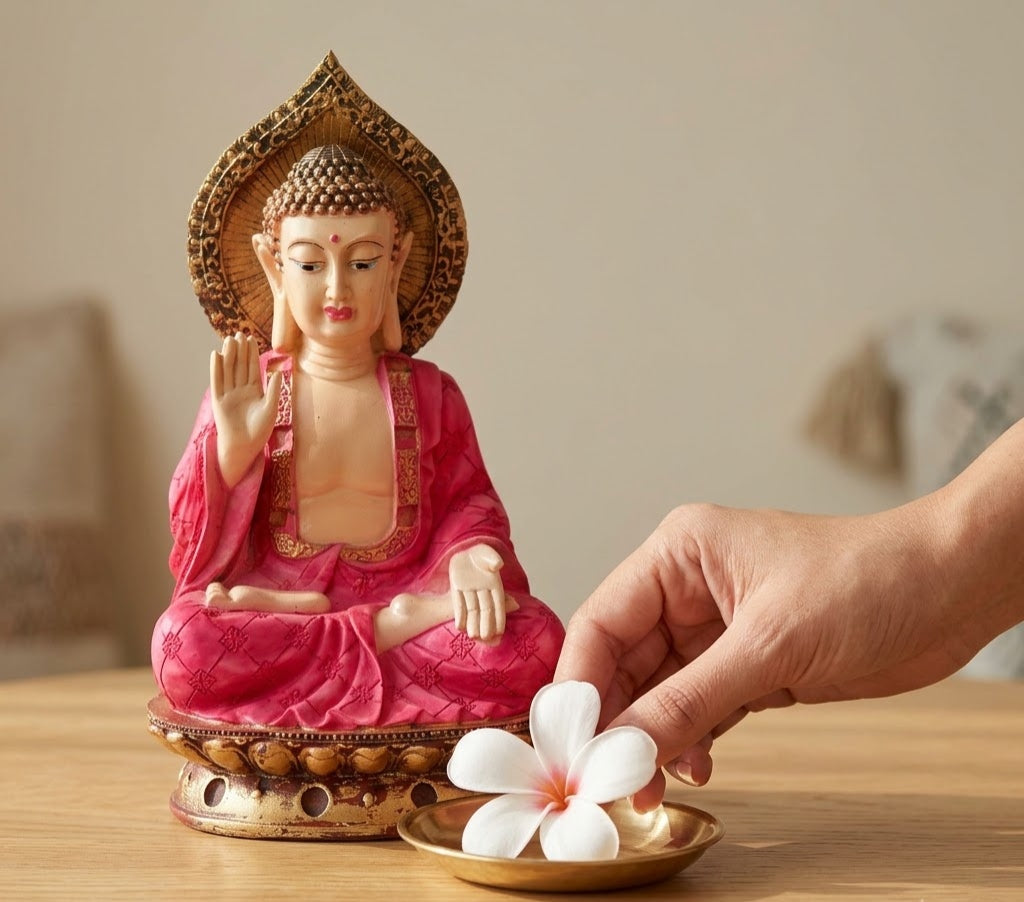 Blush Serenity Meditating Buddha Figurine - Detailed Artisan View 4 | House of Mandana