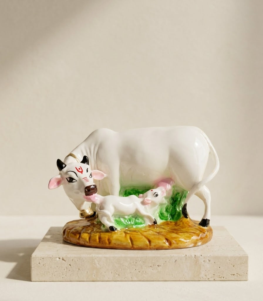 Sacred Kamadhenu Cow & Calf Handcrafted Figurine