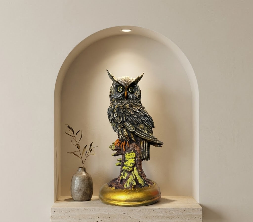 Guardian Owl Perched on Branch Sculpture - Detailed Artisan View 7 | House of Mandana