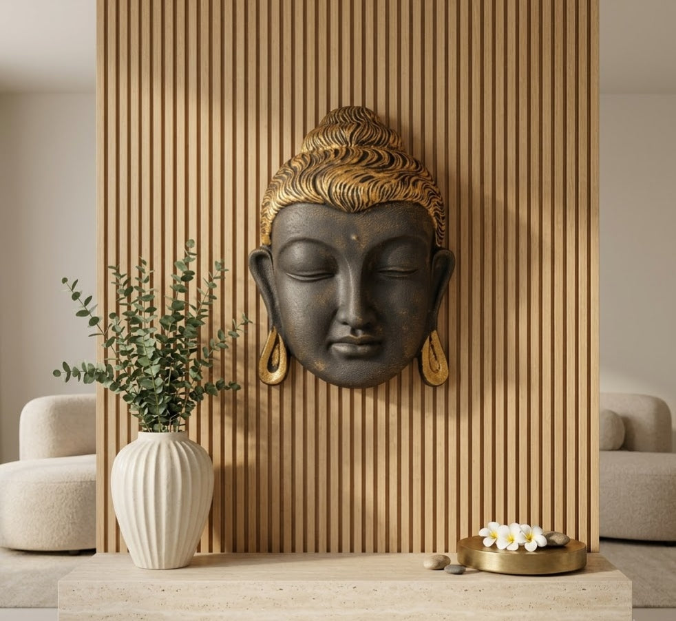 Serene Buddha Face Metal Wall Hanging - Detailed Artisan View 7 | House of Mandana