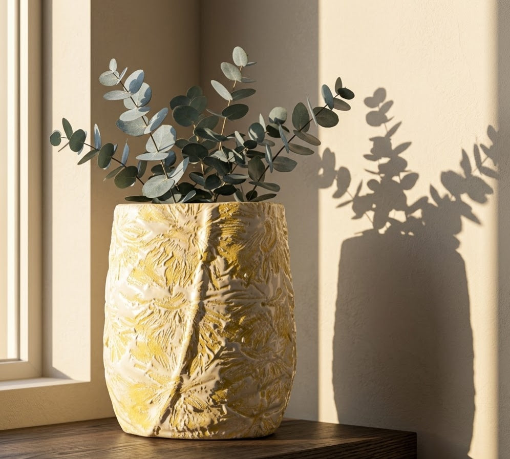 Gilded Leaf Textured Ceramic Accent Vase - Handcrafted Solid Luxury Vases & Vessels | House of Mandana
