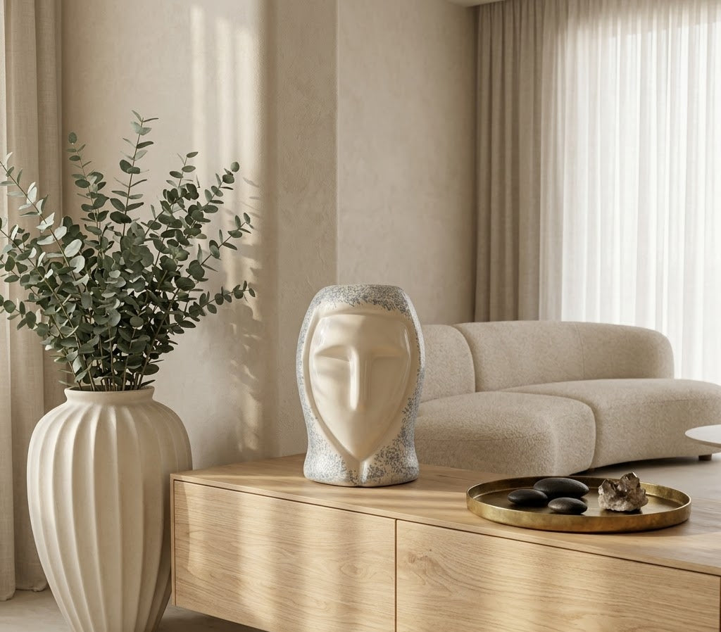 Minimalist Face Sculptural Ceramic Vase - Living Room & Mandir Decor Placement | House of Mandana