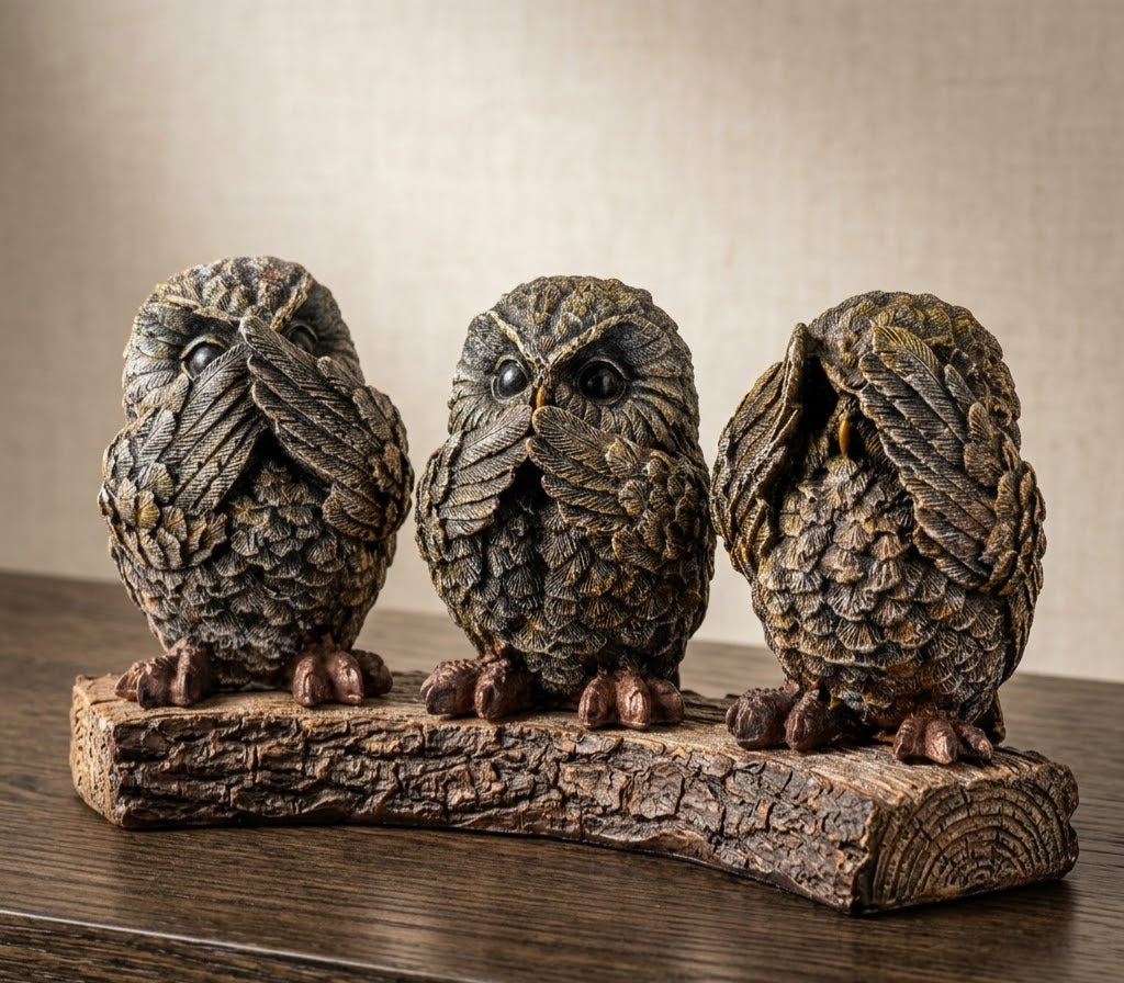 The Wise Owl Trio Figurine Ensemble - Master Artisan Craftsmanship & Detail Angle | House of Mandana