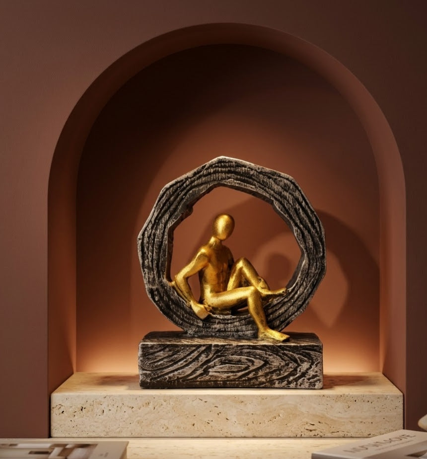 Golden Seated Contemplation Halo Ring Modern Art Piece