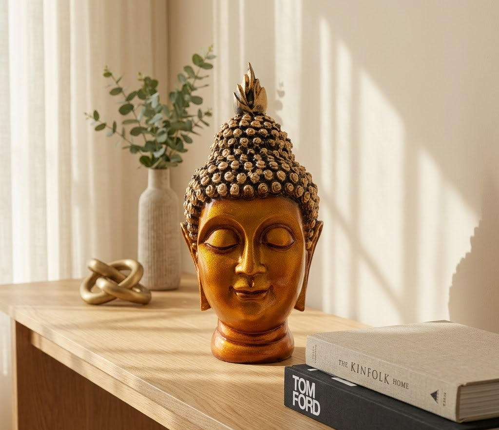 Golden Serenity Buddha Face Bust - Detailed Artisan View 4 | House of Mandana