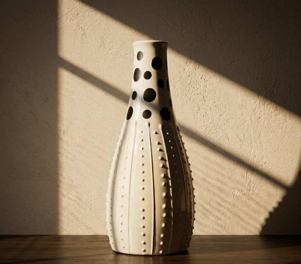 Artisanal Polka Dot Textured Ceramic Vase - Master Artisan Craftsmanship & Detail Angle | House of Mandana