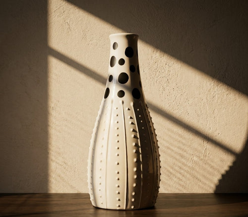 Artisanal Polka Dot Textured Ceramic Vase - Master Artisan Craftsmanship & Detail Angle | House of Mandana