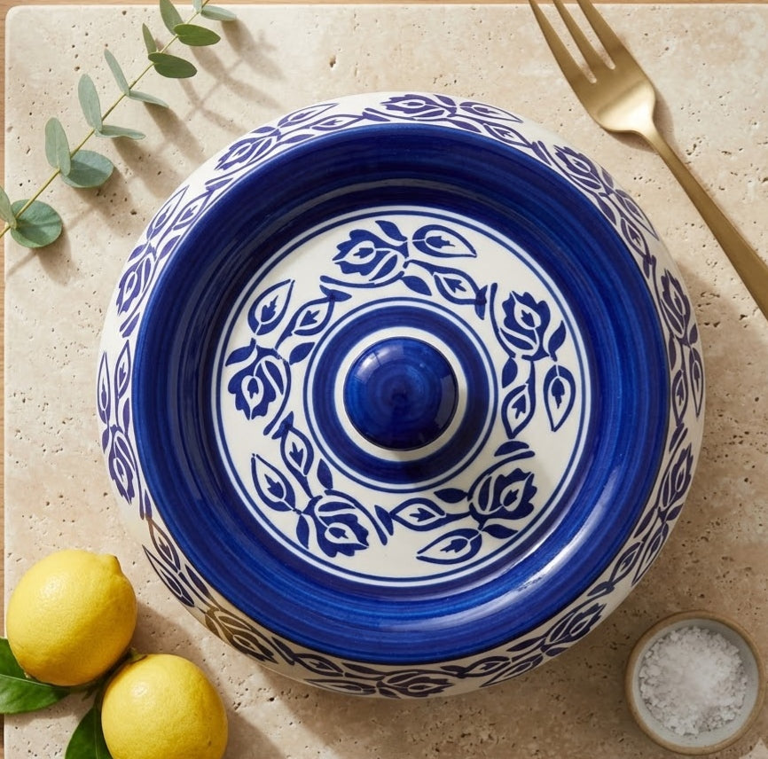Indigo Heritage Lidded Ceramic Casserole - Detailed Artisan View 4 | House of Mandana