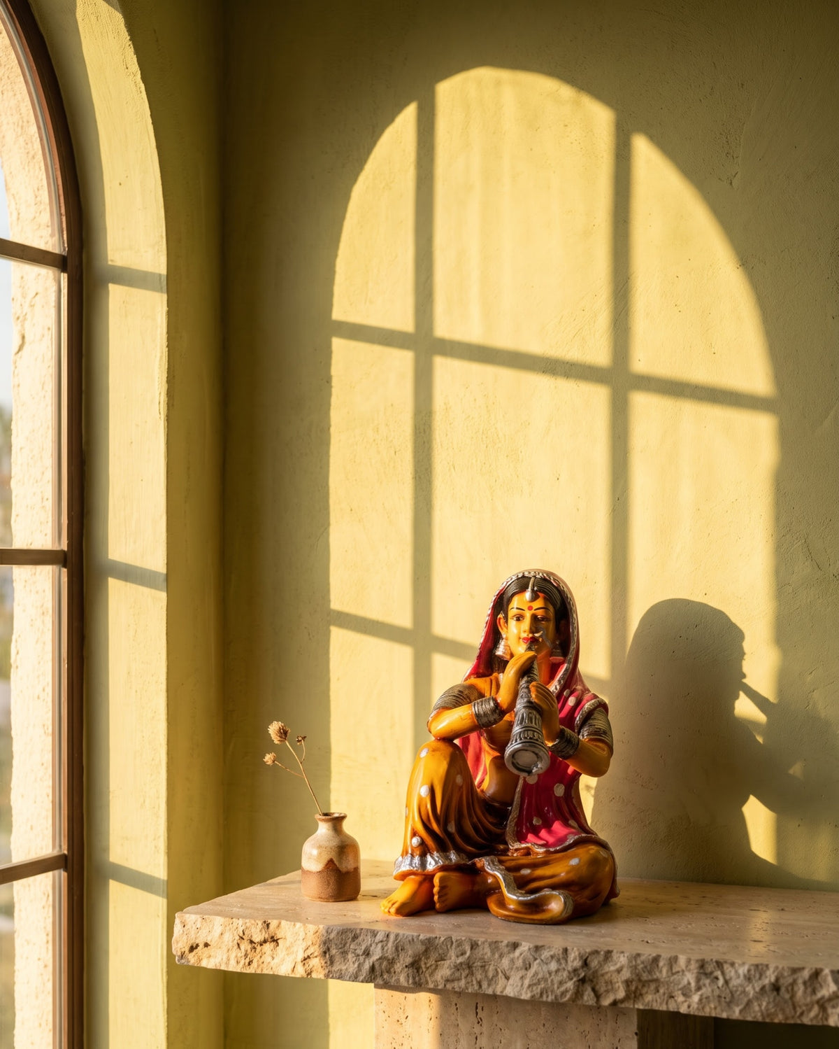 Handcrafted Folk Melody Flutist figurine by House of Mandana, depicting a musician playing the flute in traditional attire.