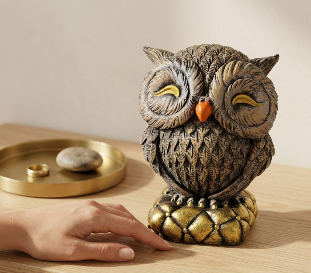 Golden-Eyed Artisanal Owl Table Figurine - Handcrafted Solid Luxury Figurines & Sculptures | House of Mandana