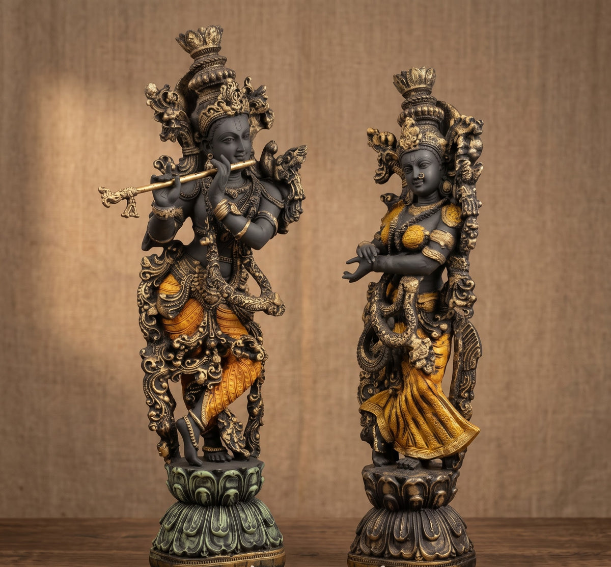 Ornate Brass Radha Krishna Divine Ensemble - Master Artisan Craftsmanship & Detail Angle | House of Mandana