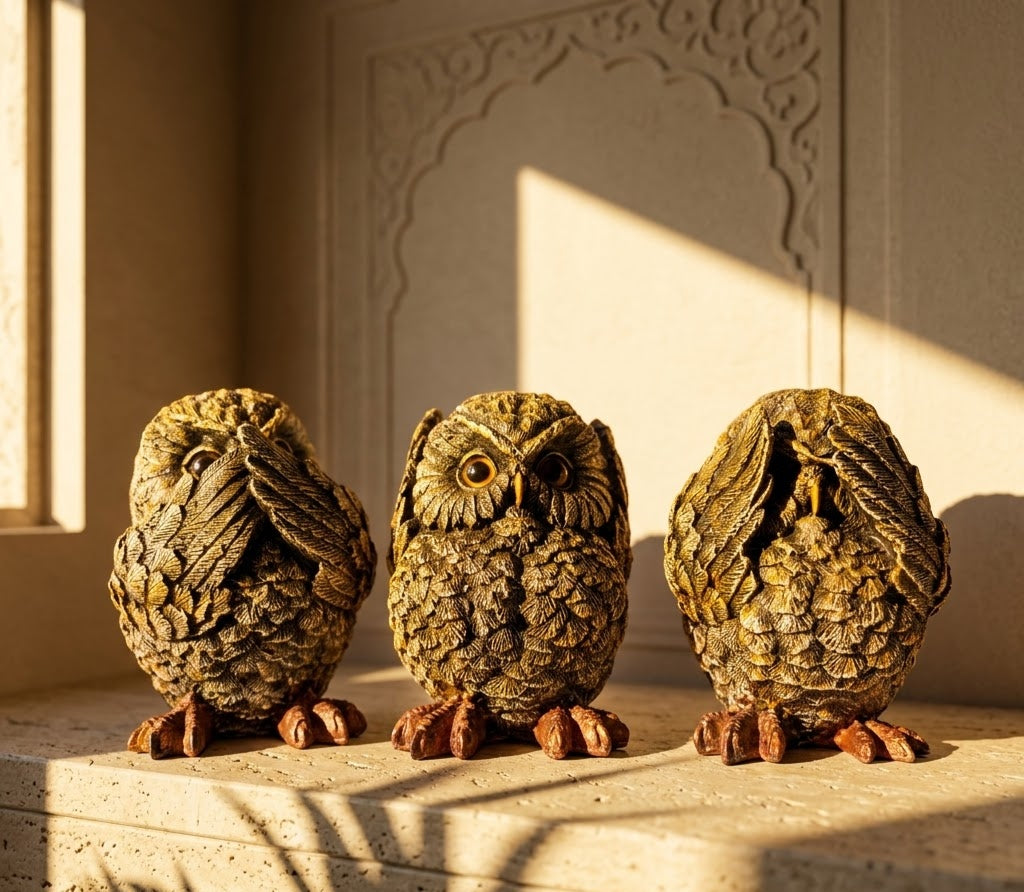 The Wise Owl Trio Figurine Ensemble - Detailed Artisan View 4 | House of Mandana