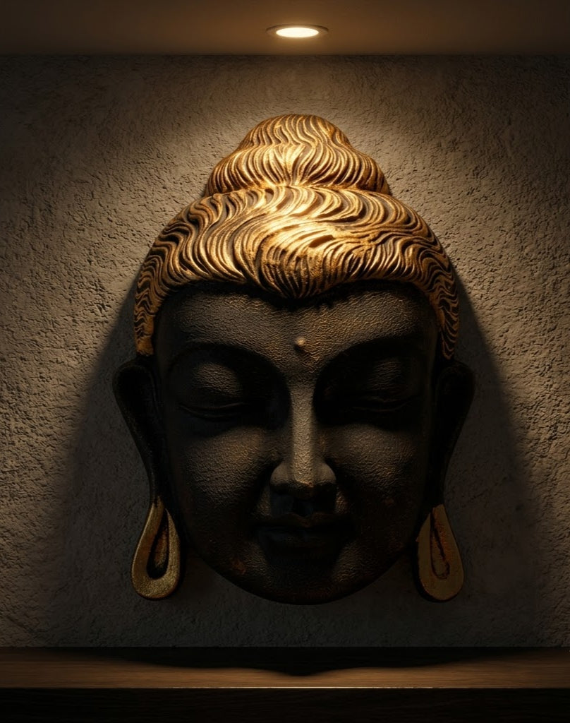 Serene Buddha Face Metal Wall Hanging - Detailed Artisan View 5 | House of Mandana