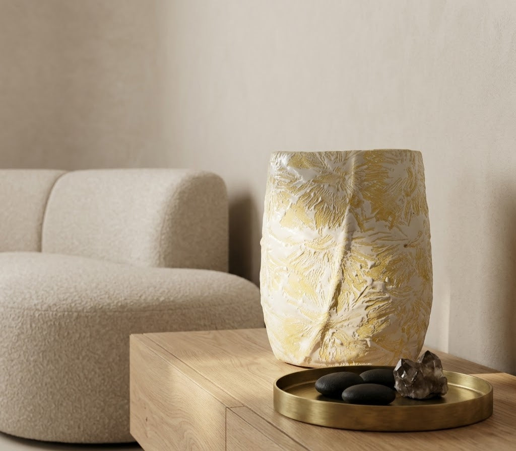 Gilded Leaf Textured Ceramic Accent Vase - Detailed Artisan View 5 | House of Mandana