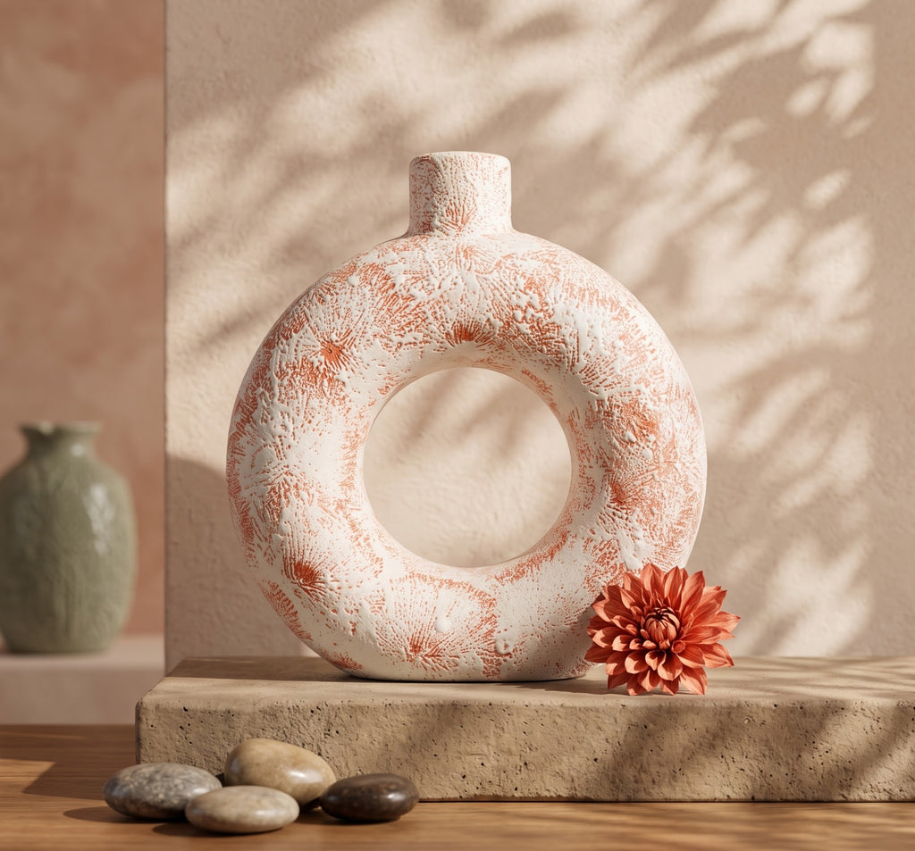 Sculptural Ring Vase – Terracotta Coral - Master Artisan Craftsmanship & Detail Angle | House of Mandana