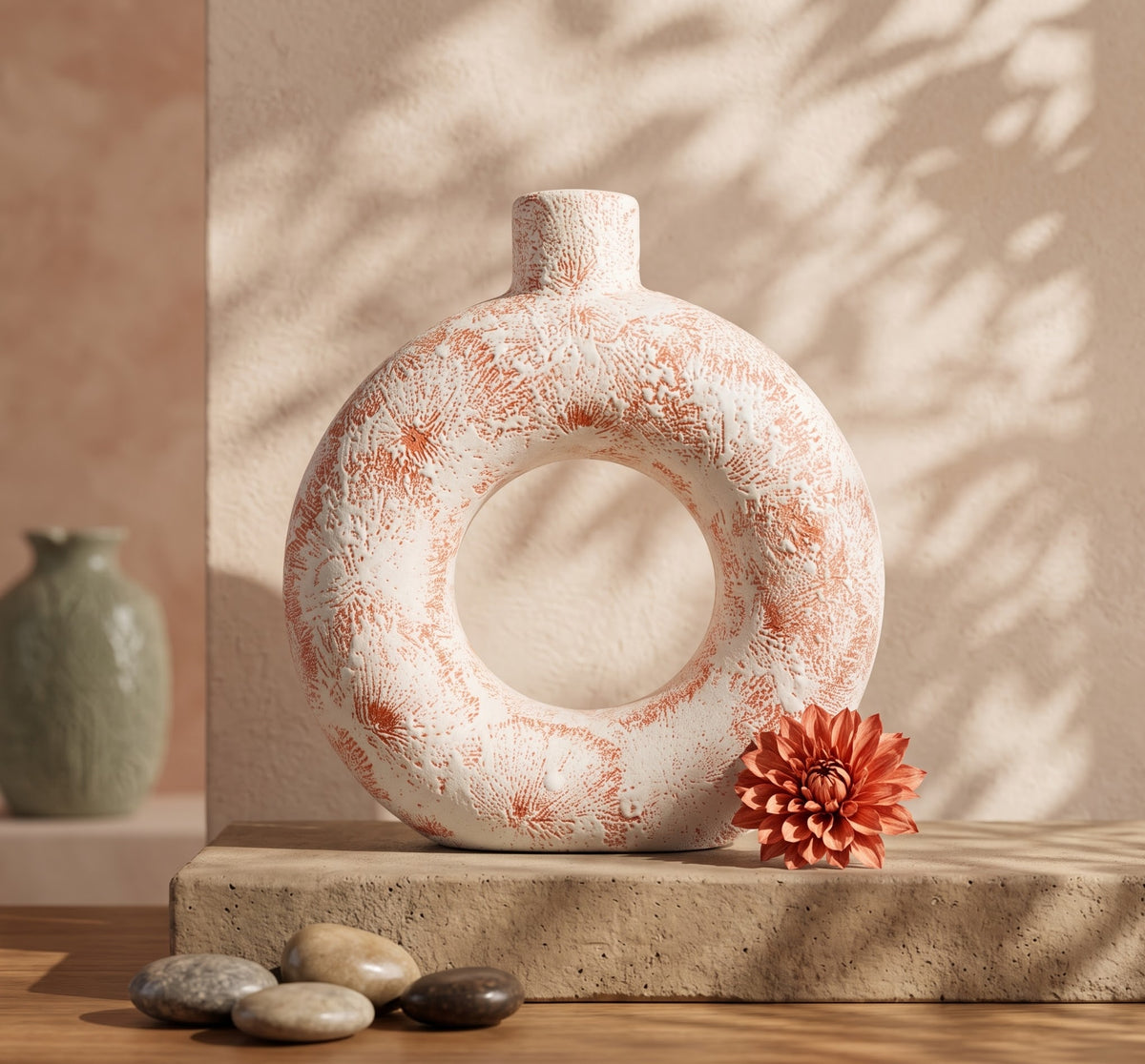 Sculptural Ring Vase – Terracotta Coral - Master Artisan Craftsmanship & Detail Angle | House of Mandana