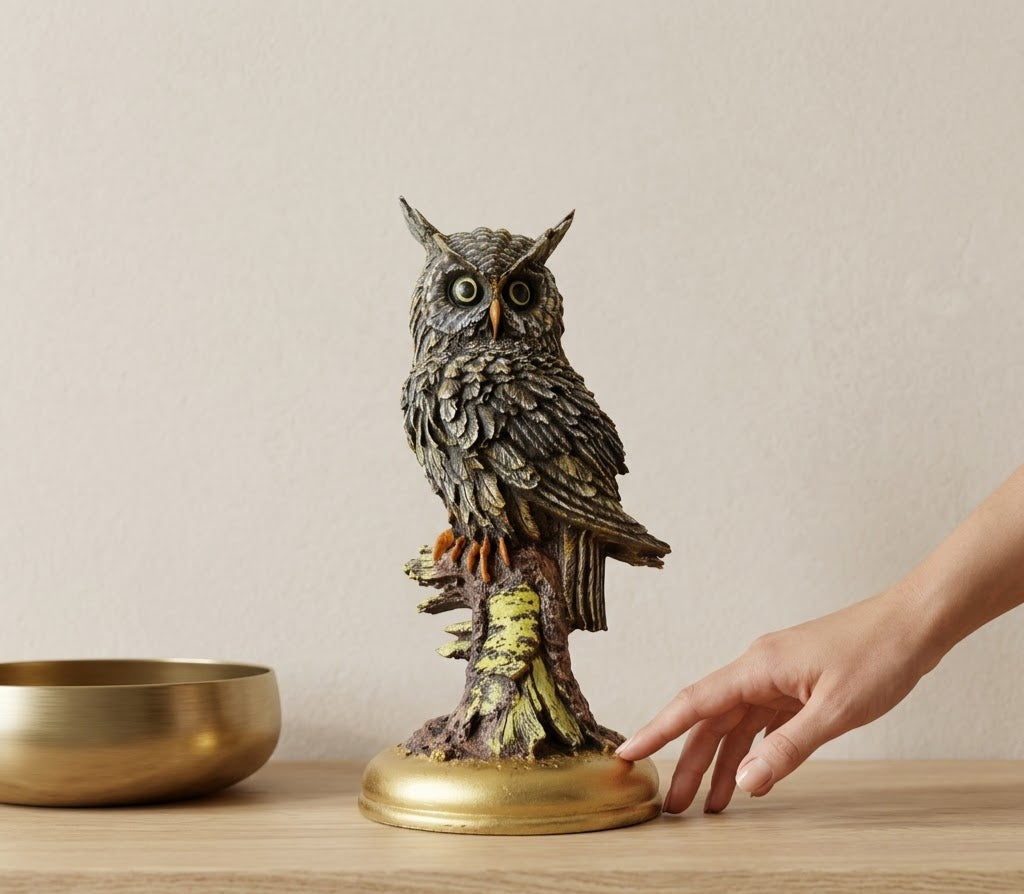 Guardian Owl Perched on Branch Sculpture - Detailed Artisan View 5 | House of Mandana