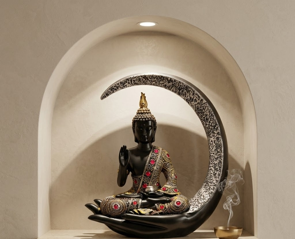 Celestial Crescent Moon Buddha Table Accent - Detailed Artisan View 6 | House of Mandana