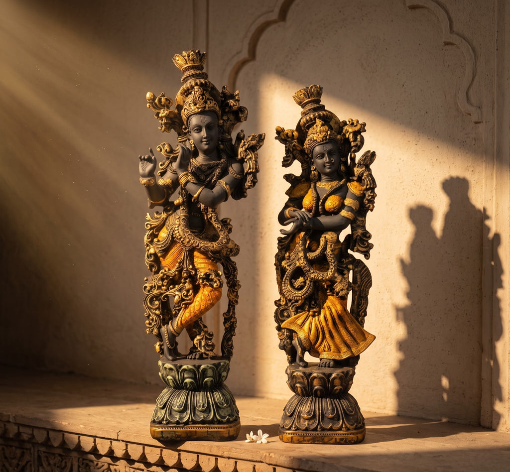 Ornate Brass Radha Krishna Divine Ensemble - Detailed Artisan View 4 | House of Mandana