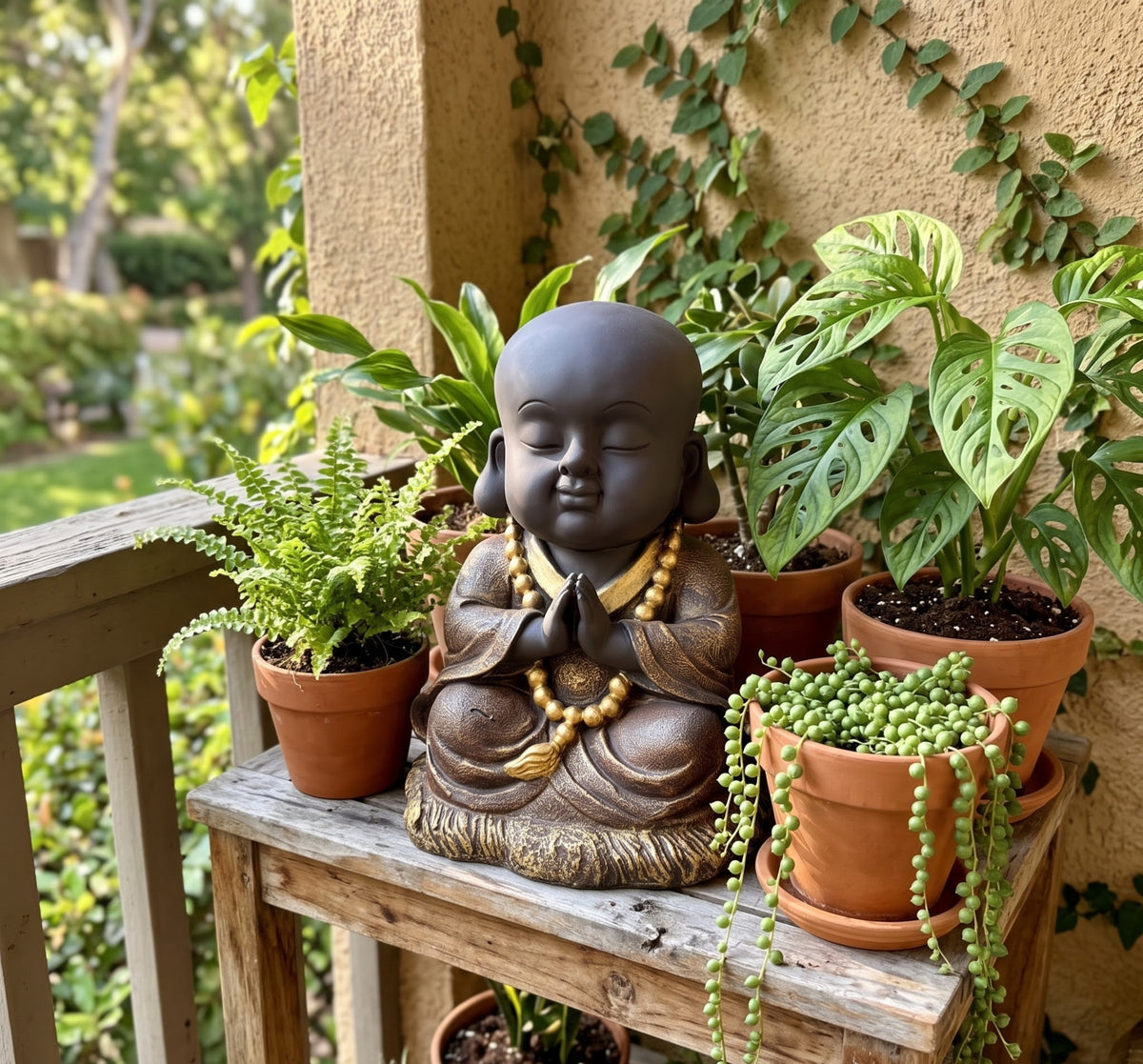 Peaceful Prayer Monk Serenity Sculpture with Beads