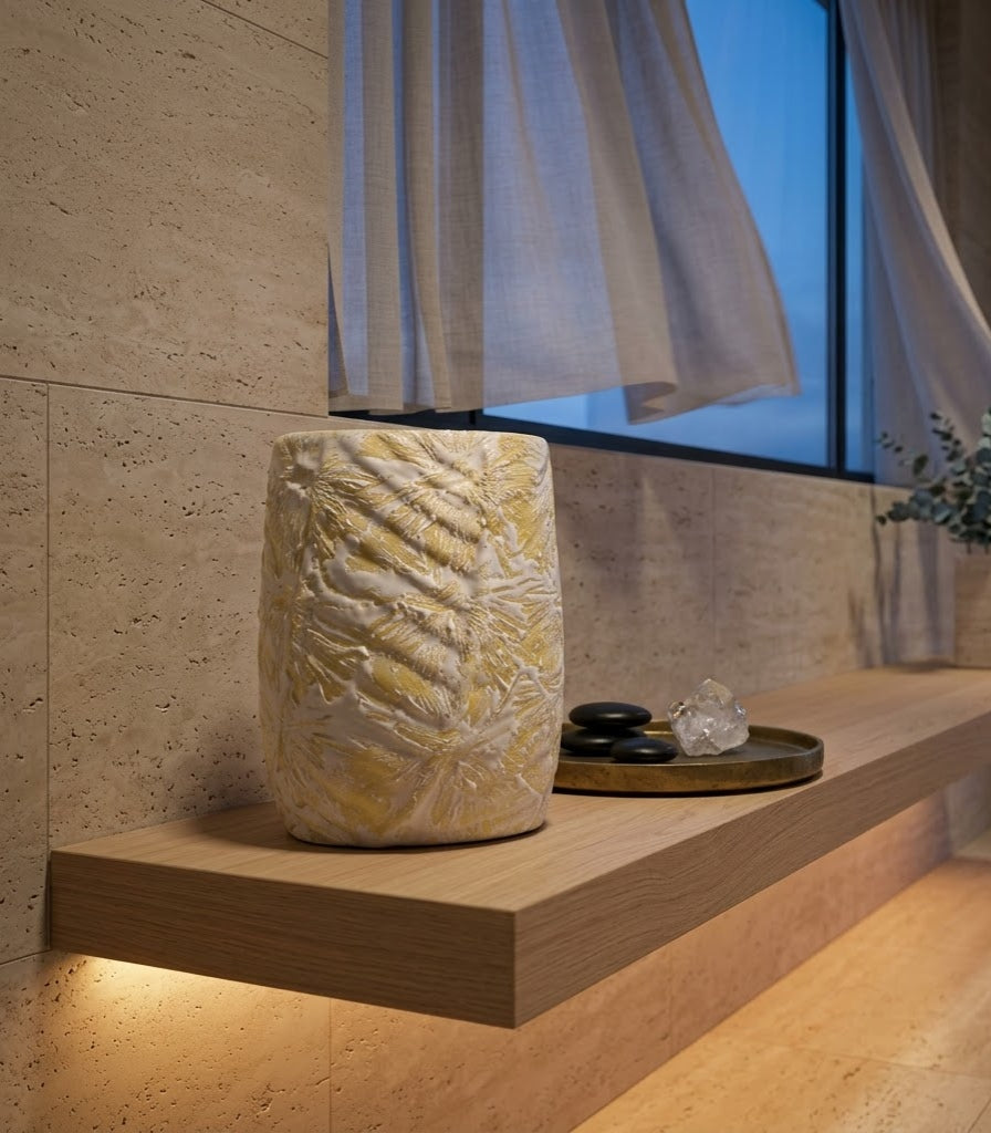 Gilded Leaf Textured Ceramic Accent Vase - Detailed Artisan View 4 | House of Mandana