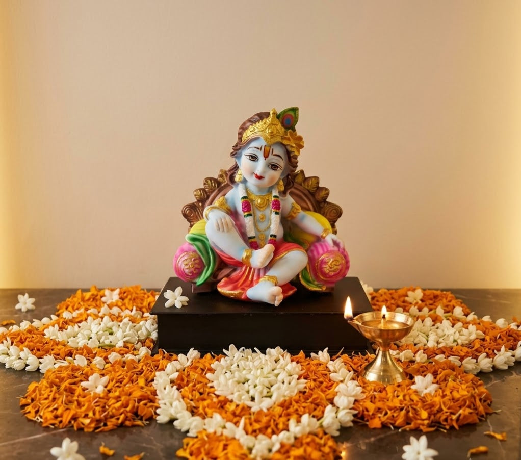 Lotus Bloom Krishna Seated Joyful Altar Murti