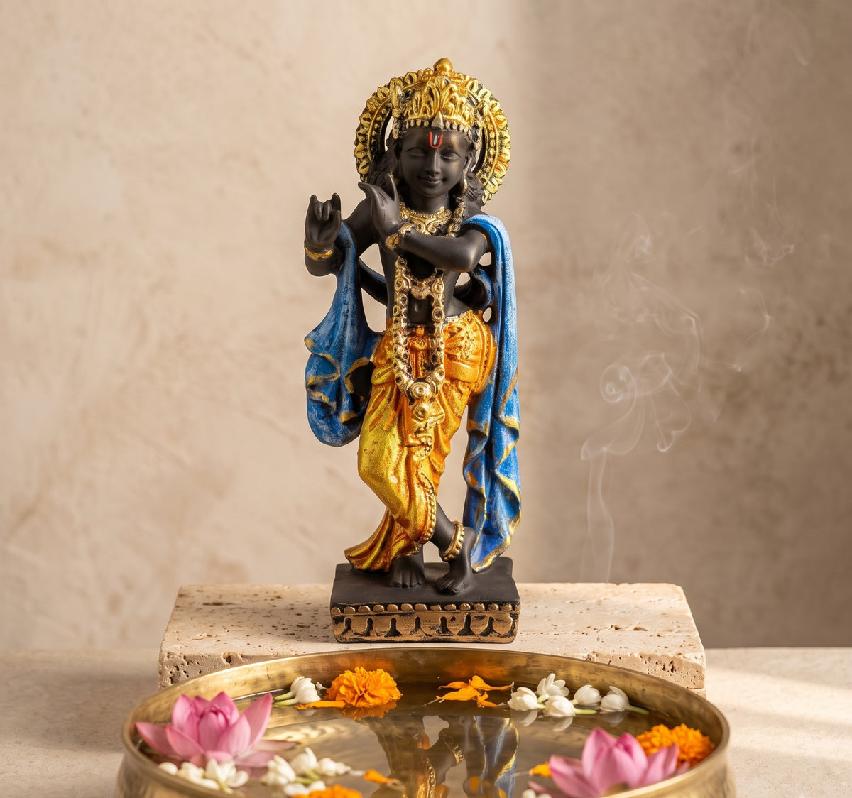 Shri Krishna Flute Divine Brass Idol - Detailed Artisan View 5 | House of Mandana