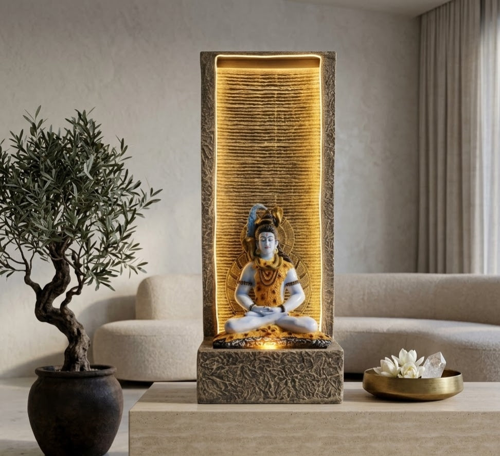 Meditating Lord Shiva Cascading Water Feature - Living Room & Mandir Decor Placement | House of Mandana