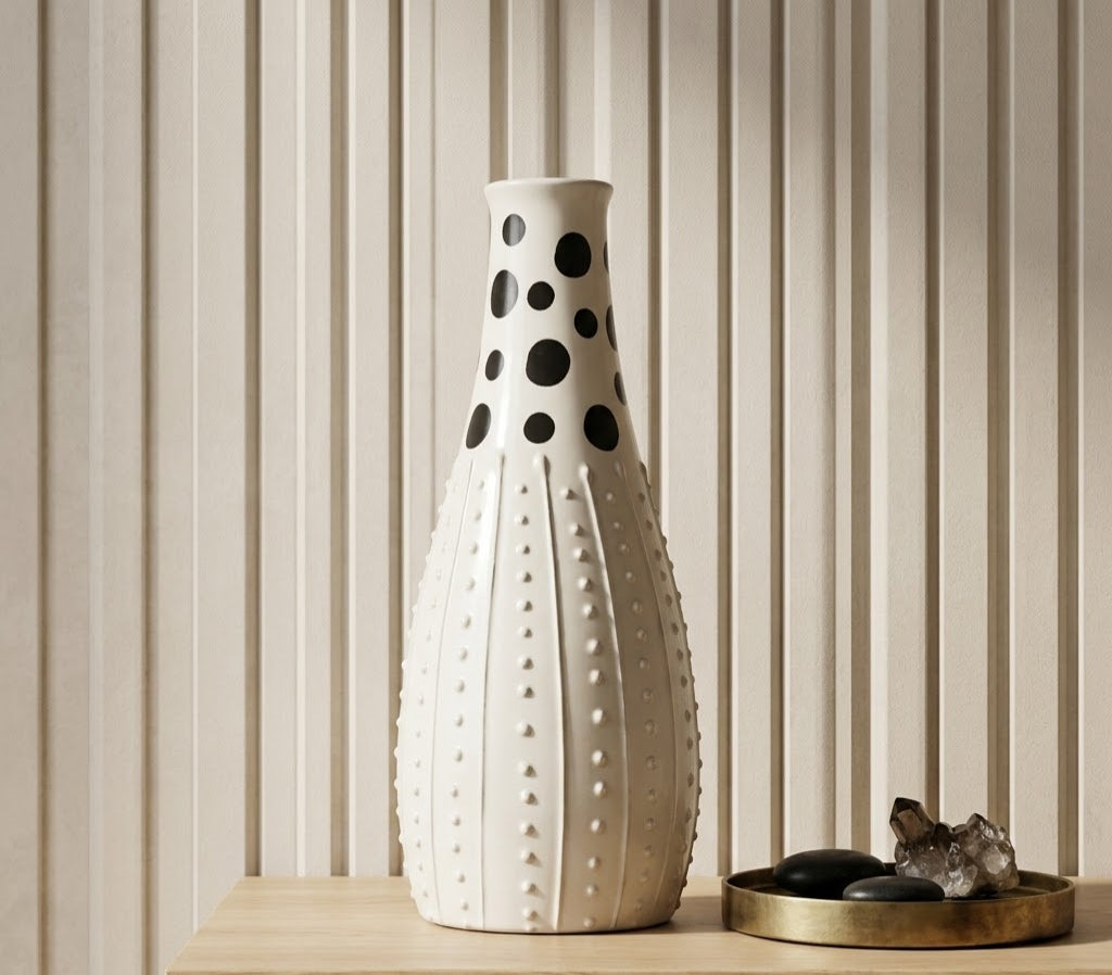 Artisanal Polka Dot Textured Ceramic Vase - Detailed Artisan View 5 | House of Mandana