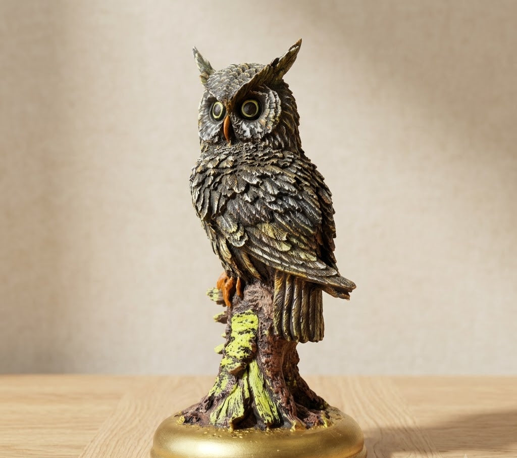 Guardian Owl Perched on Branch Sculpture - Detailed Artisan View 6 | House of Mandana