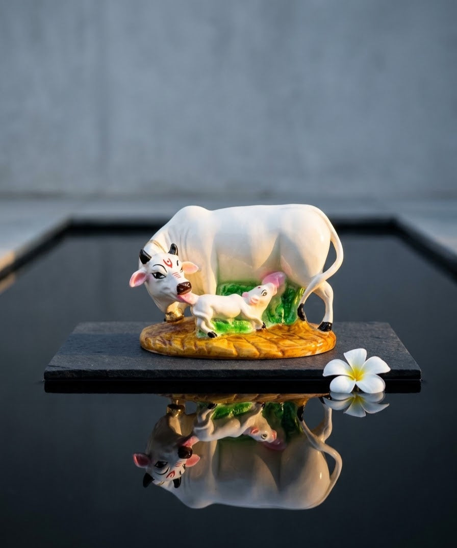 Sacred Kamadhenu Cow & Calf Handcrafted Figurine