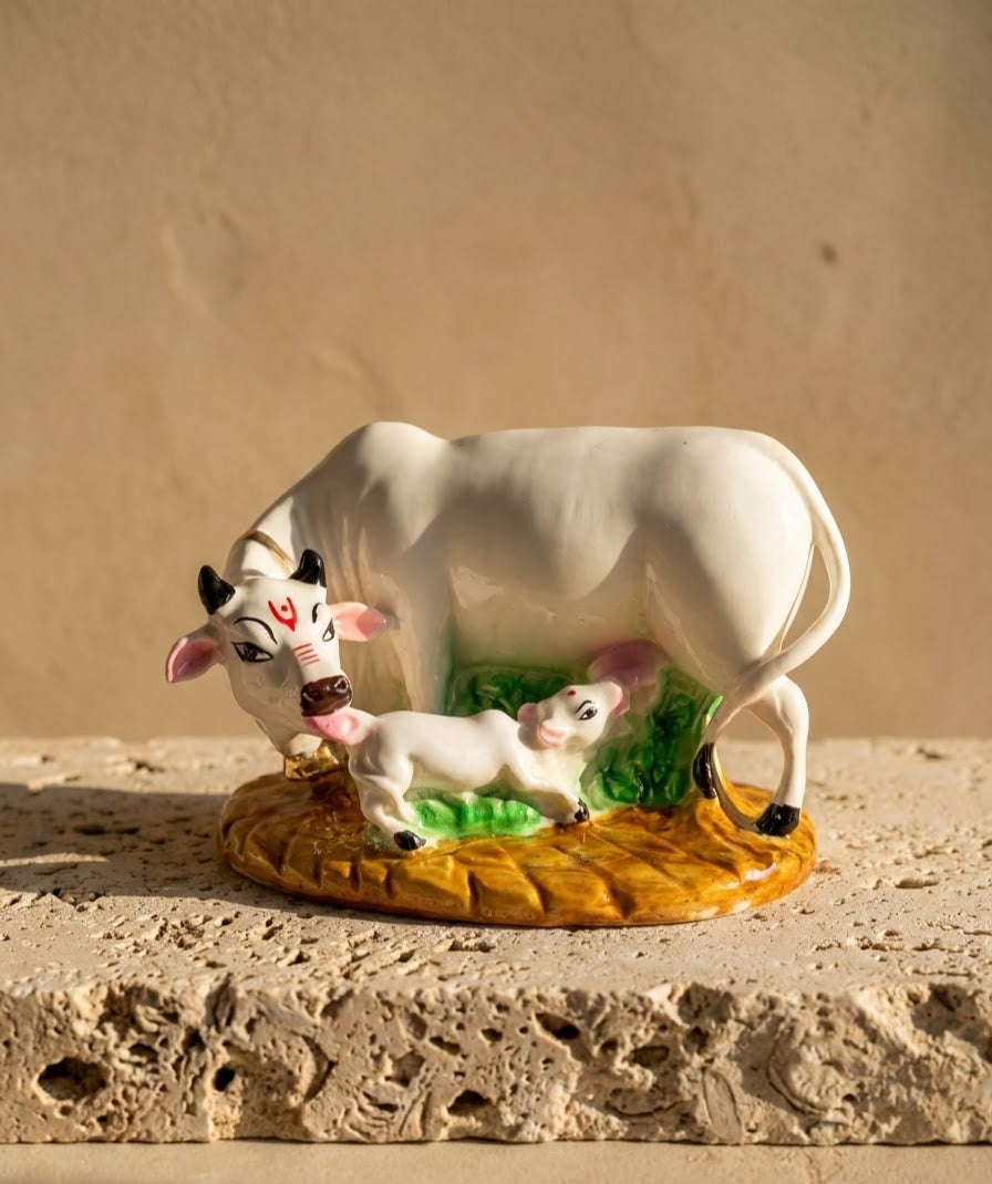 Sacred Kamadhenu Cow & Calf Handcrafted Figurine
