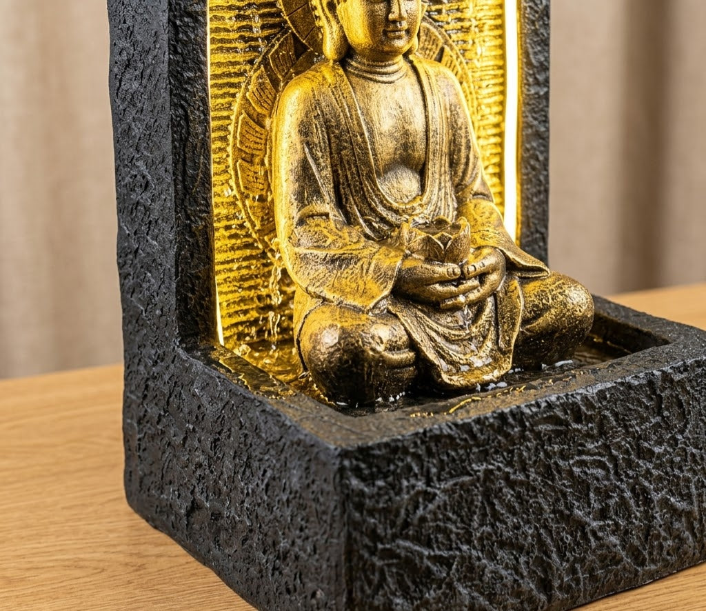 Bodhi Grove Cascading Buddha Water Fountain - Living Room & Mandir Decor Placement | House of Mandana