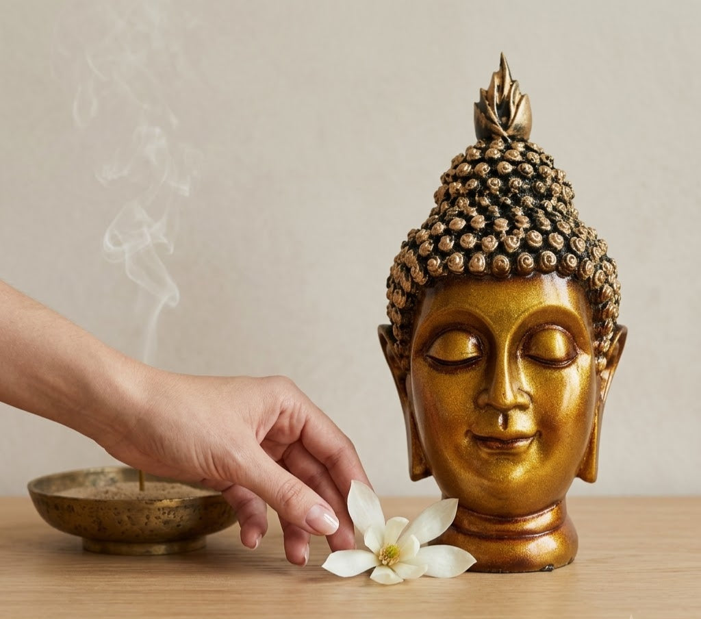 Golden Serenity Buddha Face Bust - Living Room & Mandir Decor Placement | House of Mandana