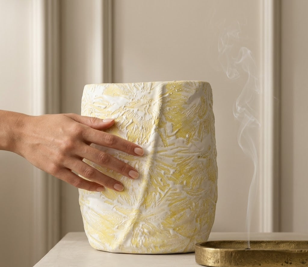 Gilded Leaf Textured Ceramic Accent Vase - Living Room & Mandir Decor Placement | House of Mandana