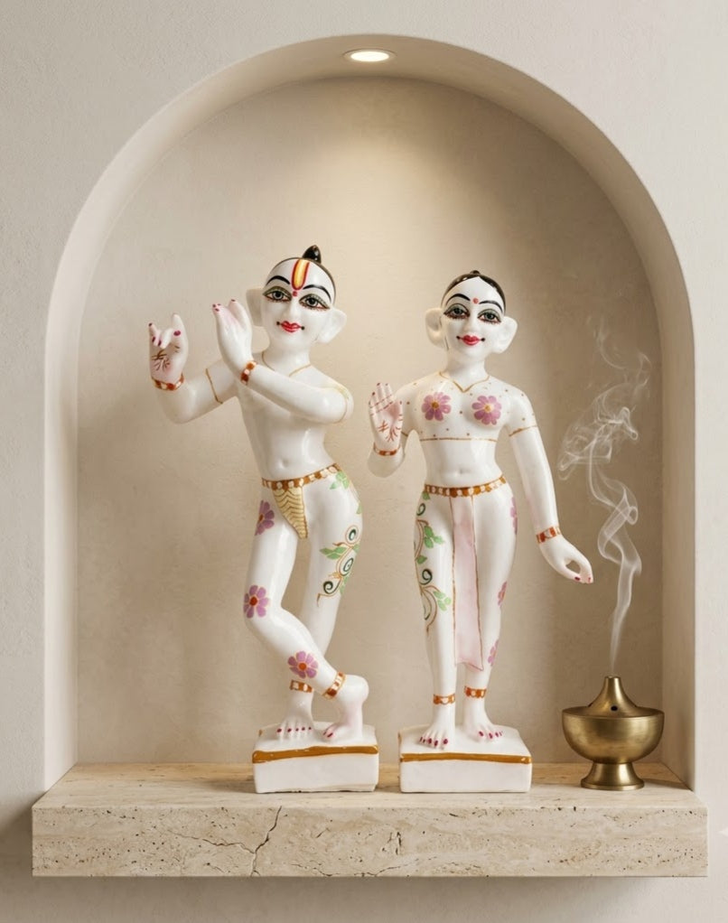 Pristine Makrana White Radha Krishna Sculptures - Detailed Artisan View 5 | House of Mandana