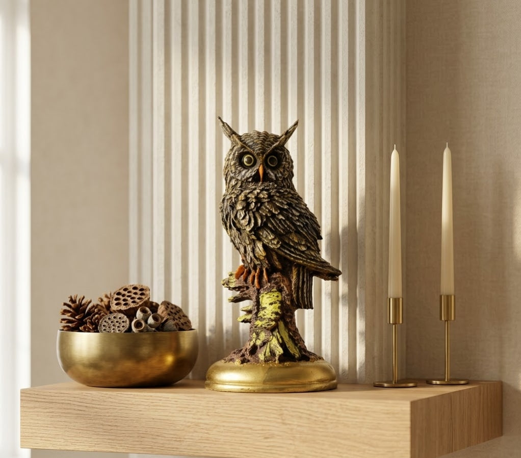 Guardian Owl Perched on Branch Sculpture - Master Artisan Craftsmanship & Detail Angle | House of Mandana