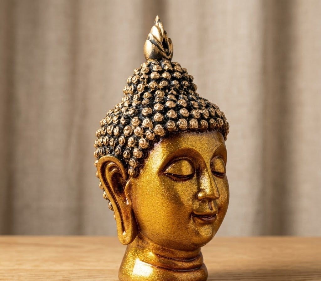 Golden Serenity Buddha Face Bust - Master Artisan Craftsmanship & Detail Angle | House of Mandana