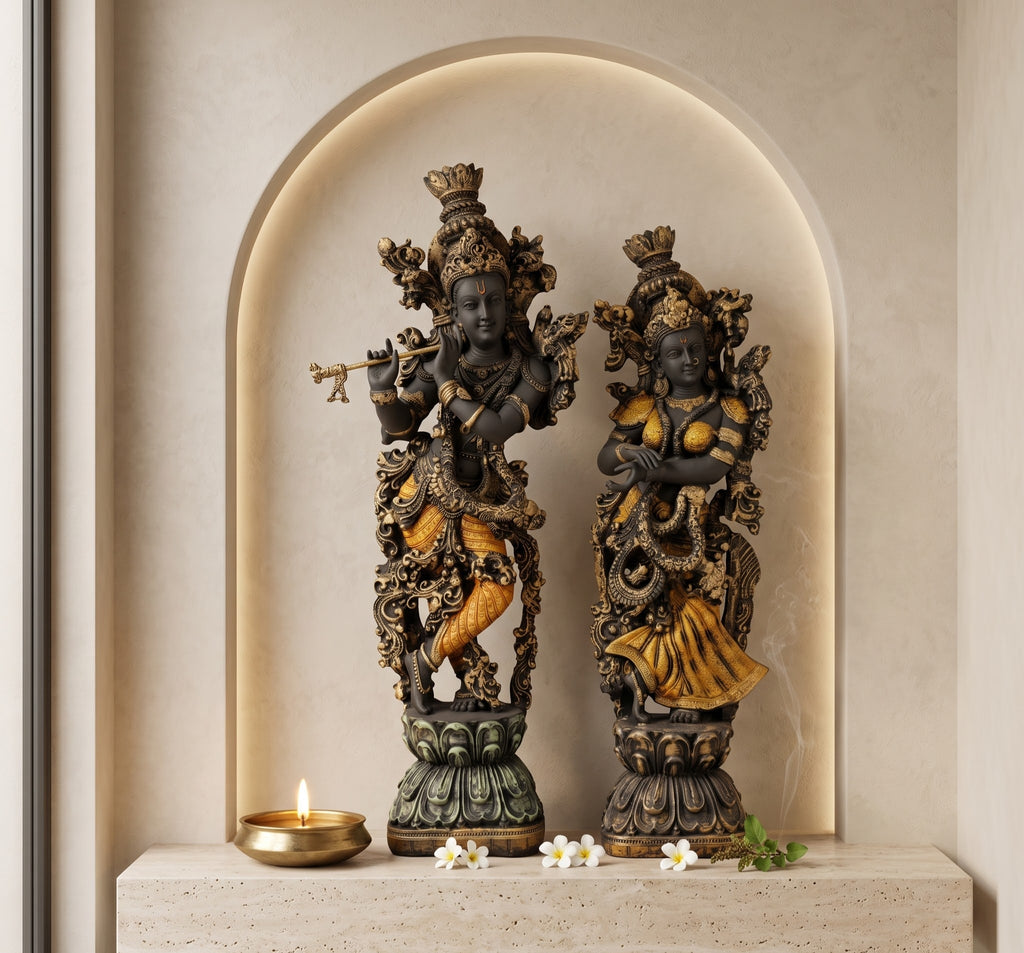 Ornate Brass Radha Krishna Divine Ensemble - Living Room & Mandir Decor Placement | House of Mandana