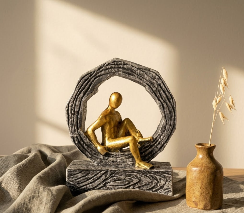 Golden Seated Contemplation Halo Ring Modern Art Piece