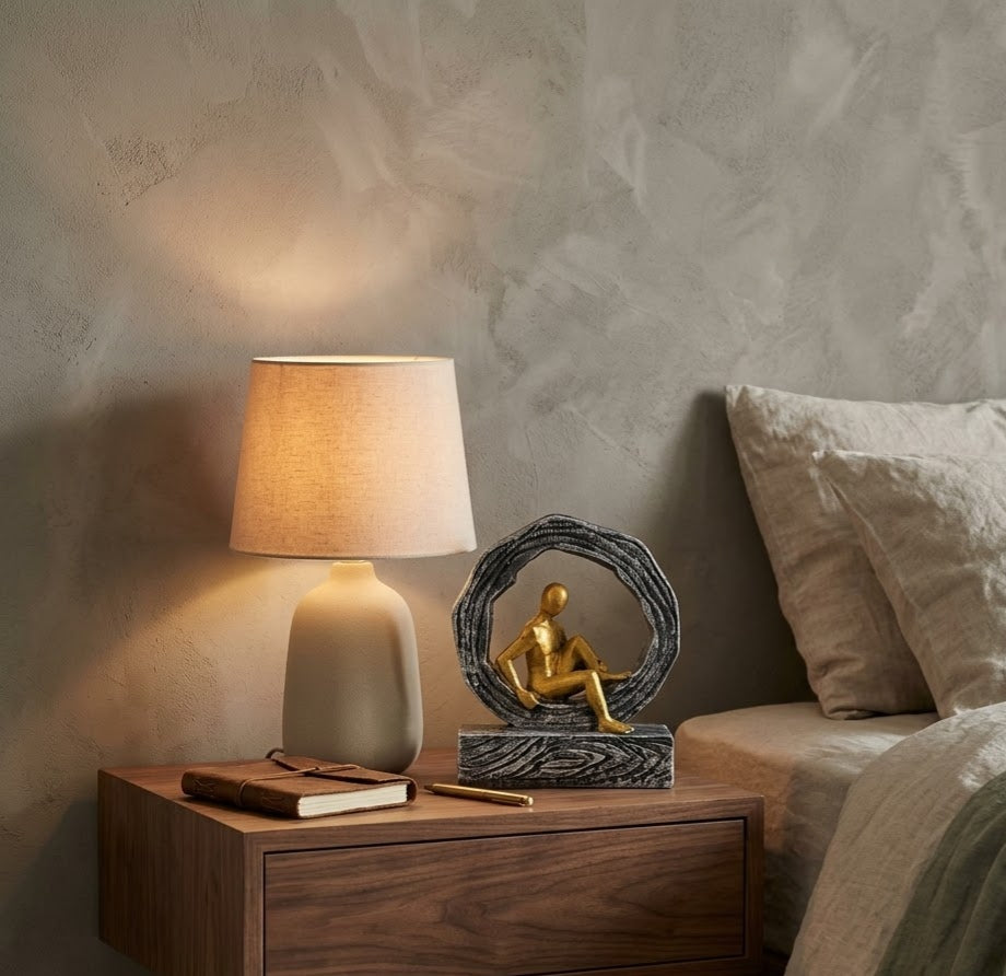 Golden Seated Contemplation Halo Ring Modern Art Piece