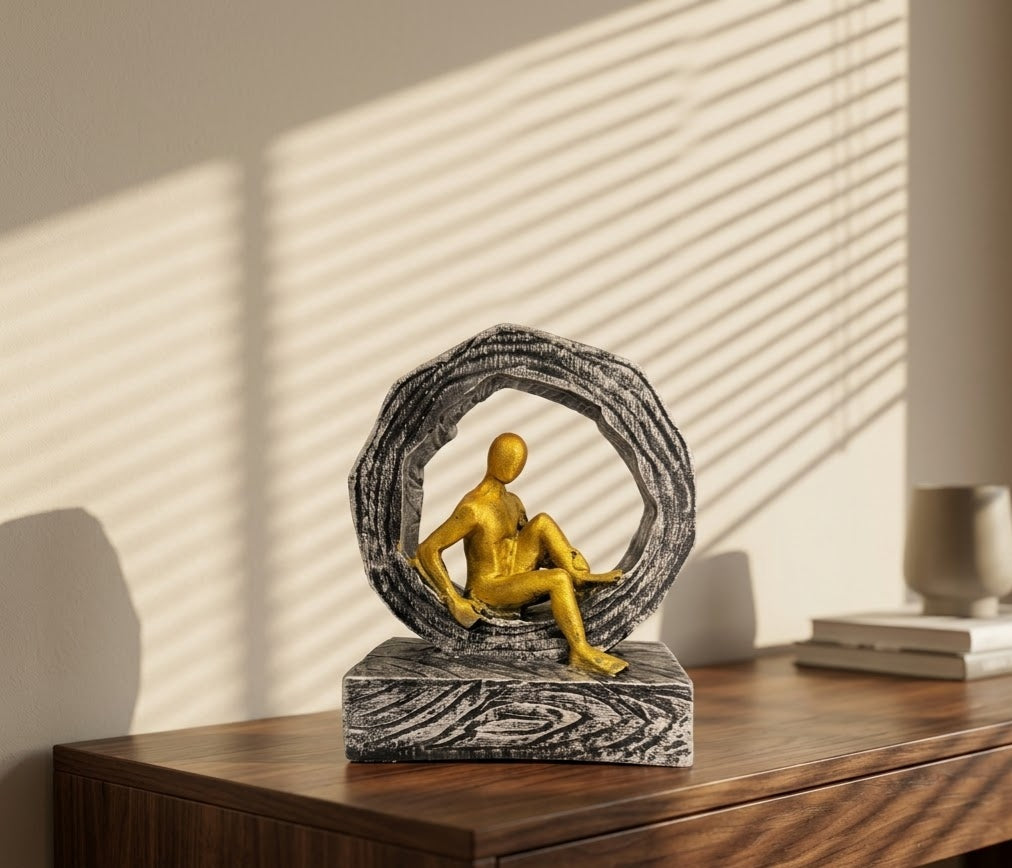 Golden Seated Contemplation Halo Ring Modern Art Piece