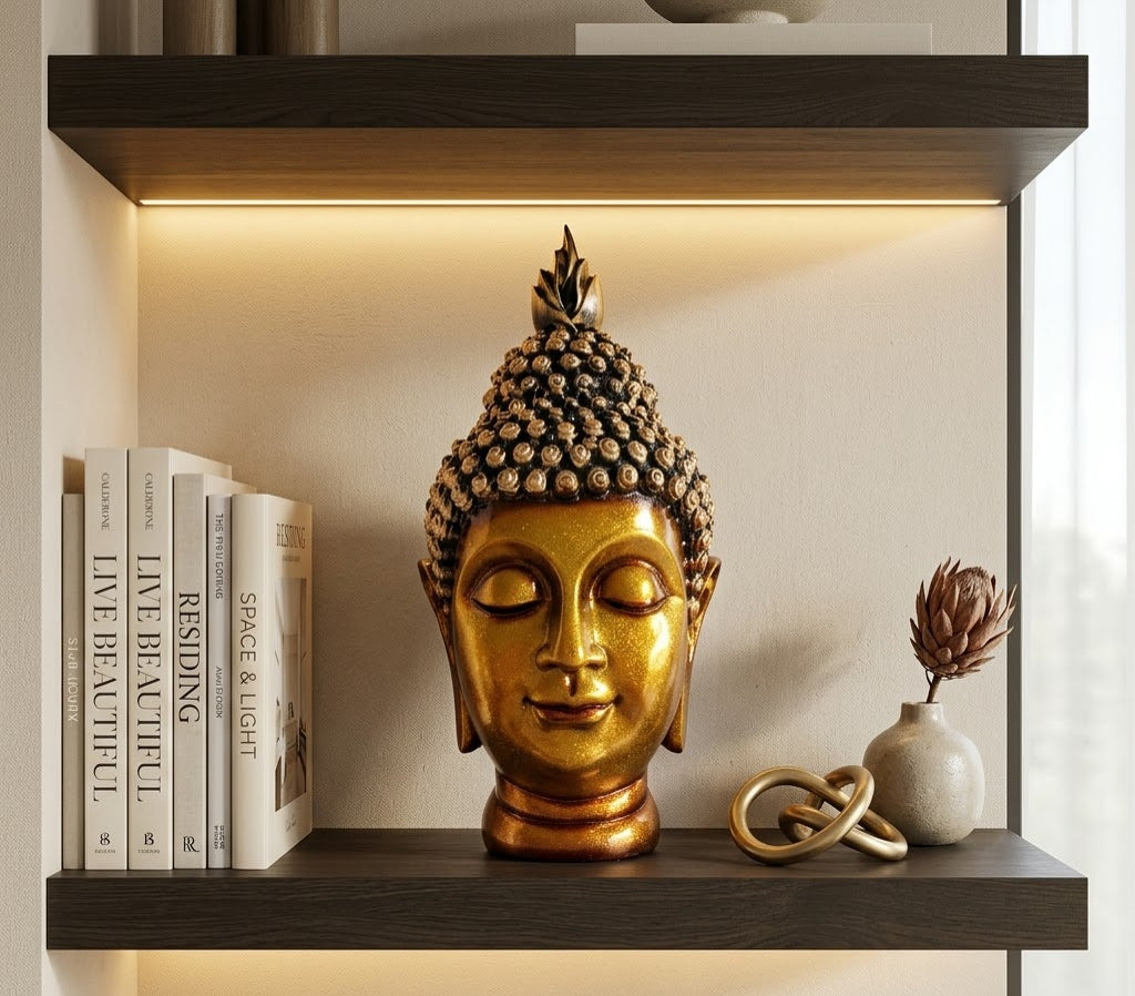 Golden Serenity Buddha Face Bust - Detailed Artisan View 5 | House of Mandana