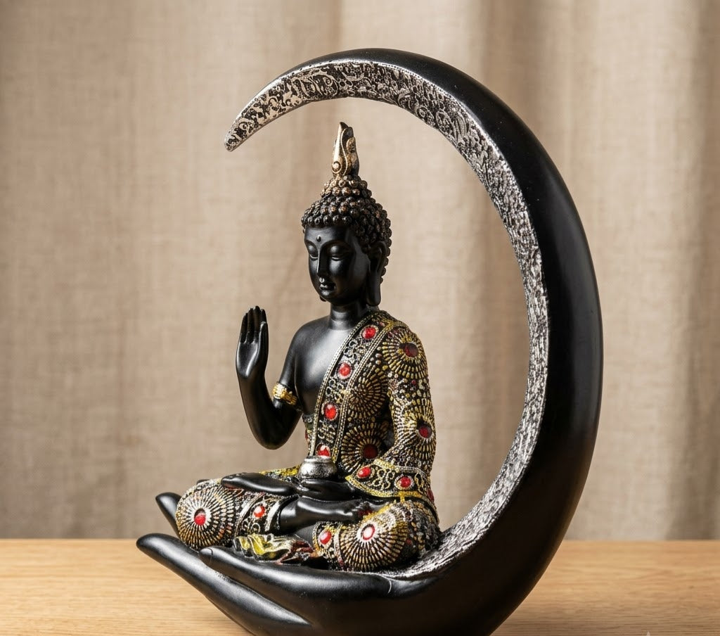 Celestial Crescent Moon Buddha Table Accent - Master Artisan Craftsmanship & Detail Angle | House of Mandana
